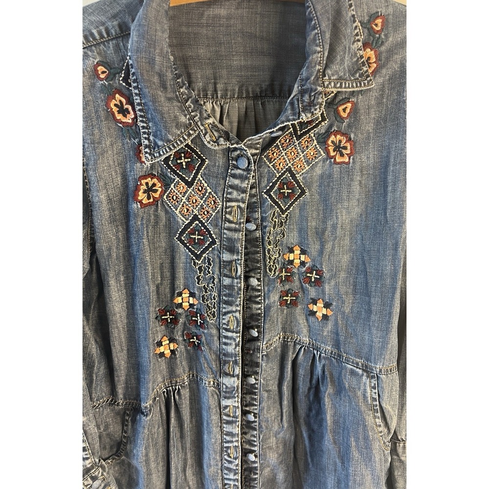 Soft Surroundings Women Denim Tunic Chambray Embroidered Boho Western Shirt L - Picture 5 of 11